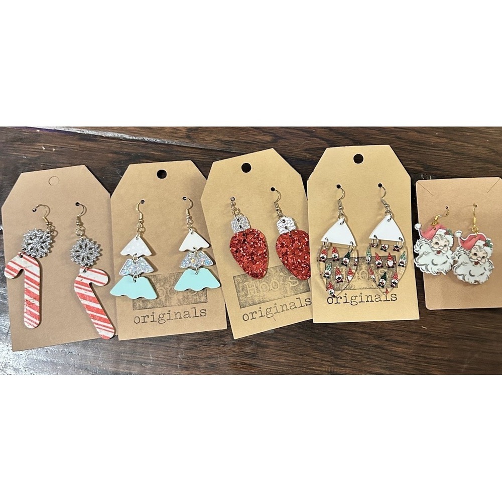 Lot Of 5 Christmas Acrylic Earrings Handmade Santa Gnome Tree Candy Cane Bulb